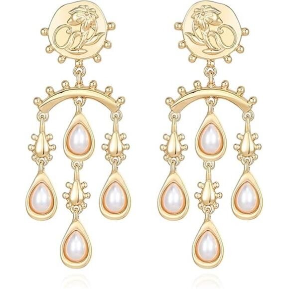 Vintage Pearl Chandelier Earrings | Gold Multi-Tier Drop Earrings - Picture 5 of 5